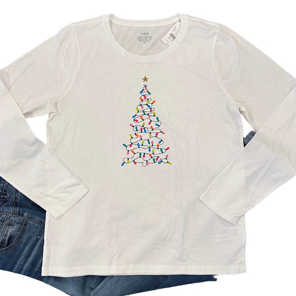 NWT J. Crew White W/Christmas Tree Lights Graphic Tee - Picture 3 of 10